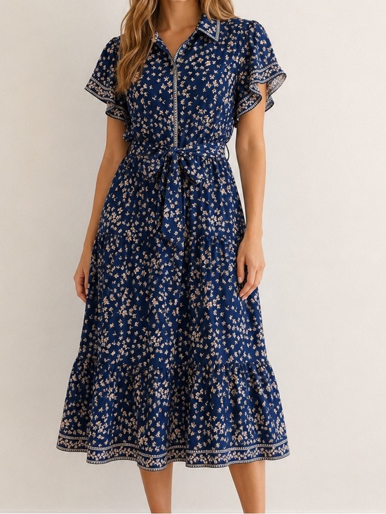 Max Studio Dresses & Skirts - Max Studio Floral Tie Waist Flutter Sleeve Tiered Midi Dress Blue XL